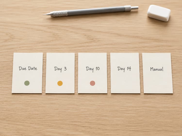 Overhead flat-lay of five index cards labeled Due Date, Day 3, Day 10, Day 14, and Manual with colored dots marking each stage