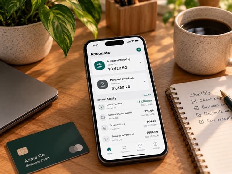 Business checking account showing a client payment and recent transactions beside a business debit card and monthly finance checklist