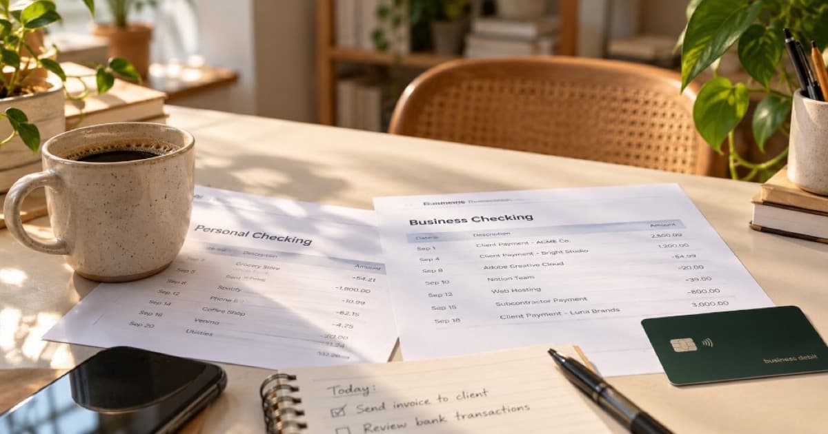 Personal and business checking statements beside a business debit card on a freelancer's desk, showing the separation of personal and business finances