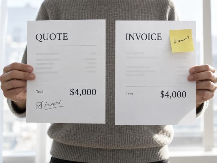 Freelancer compares an agreed quote and matching sent invoice with a discount request sticky note