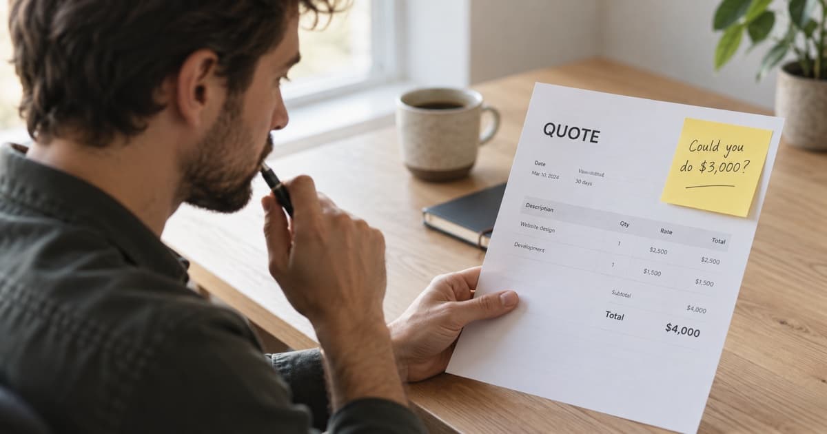 Freelancer pauses at a desk with a printed quote and a sticky note asking for a lower price