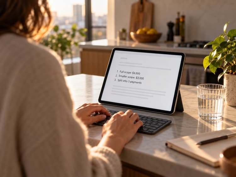 Freelancer drafts a brief email offering full scope, smaller scope, or split payment options