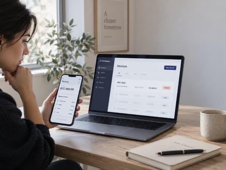 Freelancer comparing a client's payment confirmation on their phone against payment details and the invoice number on a laptop screen