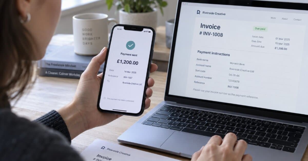 Freelancer checking a bank app on their phone beside an open laptop showing an unpaid invoice, neutral desk with natural light