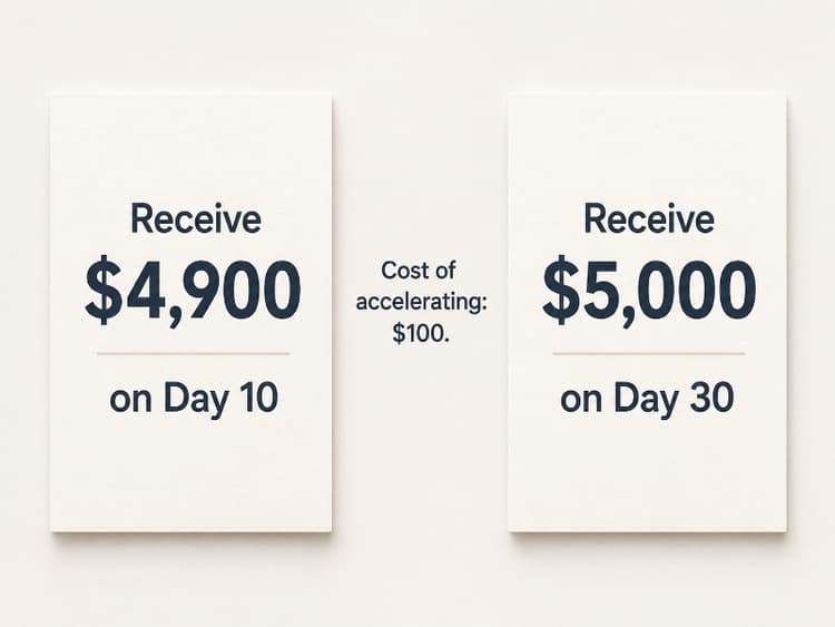 Simple comparison showing Receive $4,900 on Day 10 versus Receive $5,000 on Day 30, with cost of accelerating payment at $100