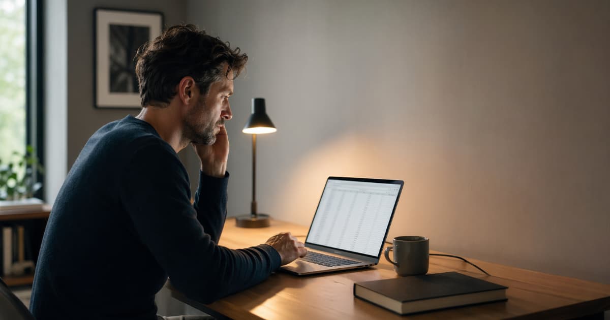 Freelancer working on a laptop with a blurred spreadsheet grid on screen in a clean, modern workspace