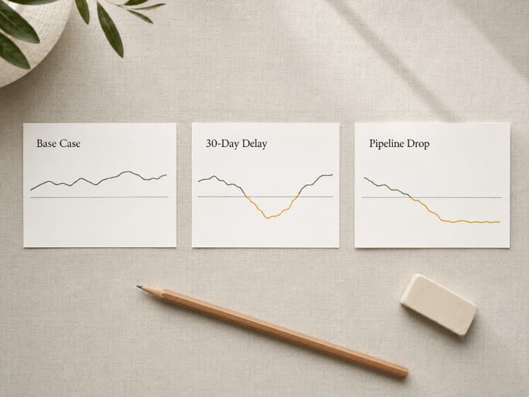 Three stress-test scenario cards showing how a 30-day payment delay and weaker pipeline affect a 90-day cash forecast