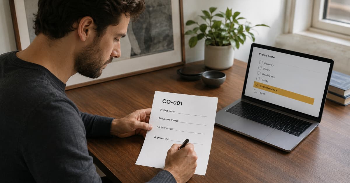Freelancer writing a change order document at a clean desk with a laptop showing a revised project scope