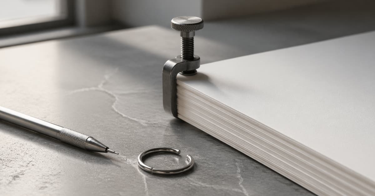 Editorial still life of a clamp holding a blank paper stack with a pencil and metal ring on stone