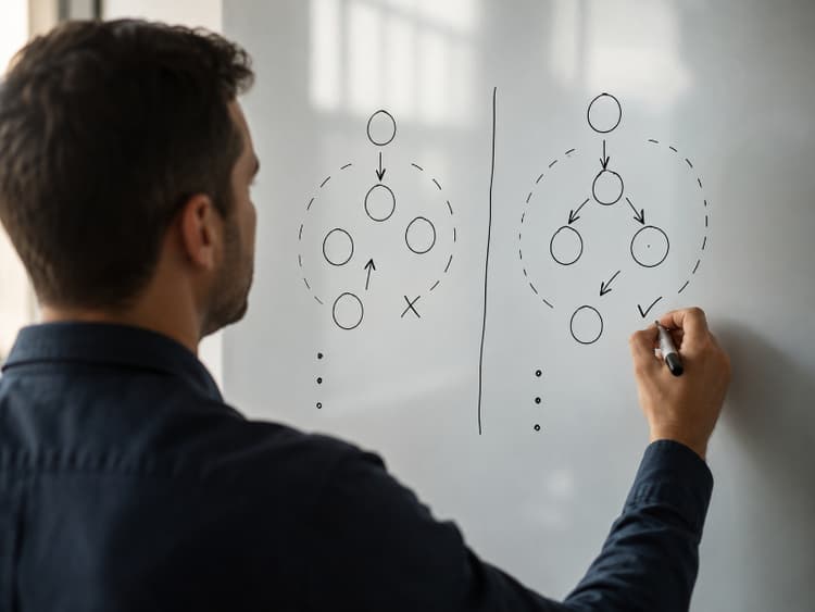 Someone drawing two simplified option zones on a meeting whiteboard during a repricing discussion