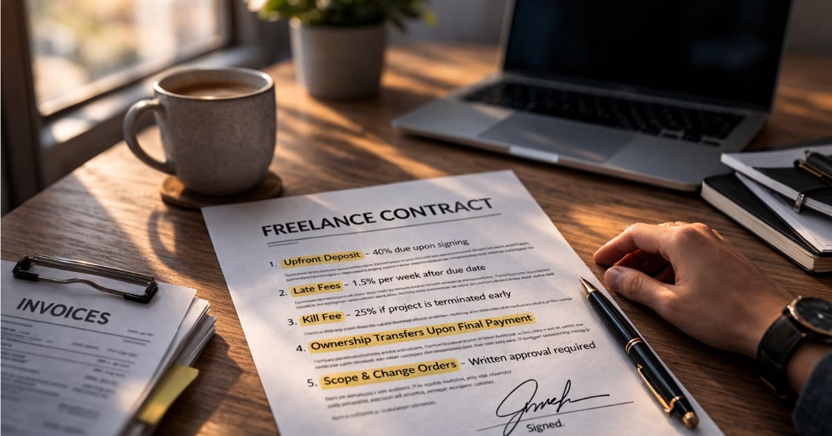Signed freelance contract on a wooden desk with key payment protection clauses highlighted, including deposit, late fees, kill fee, ownership transfer, and scope changes.
