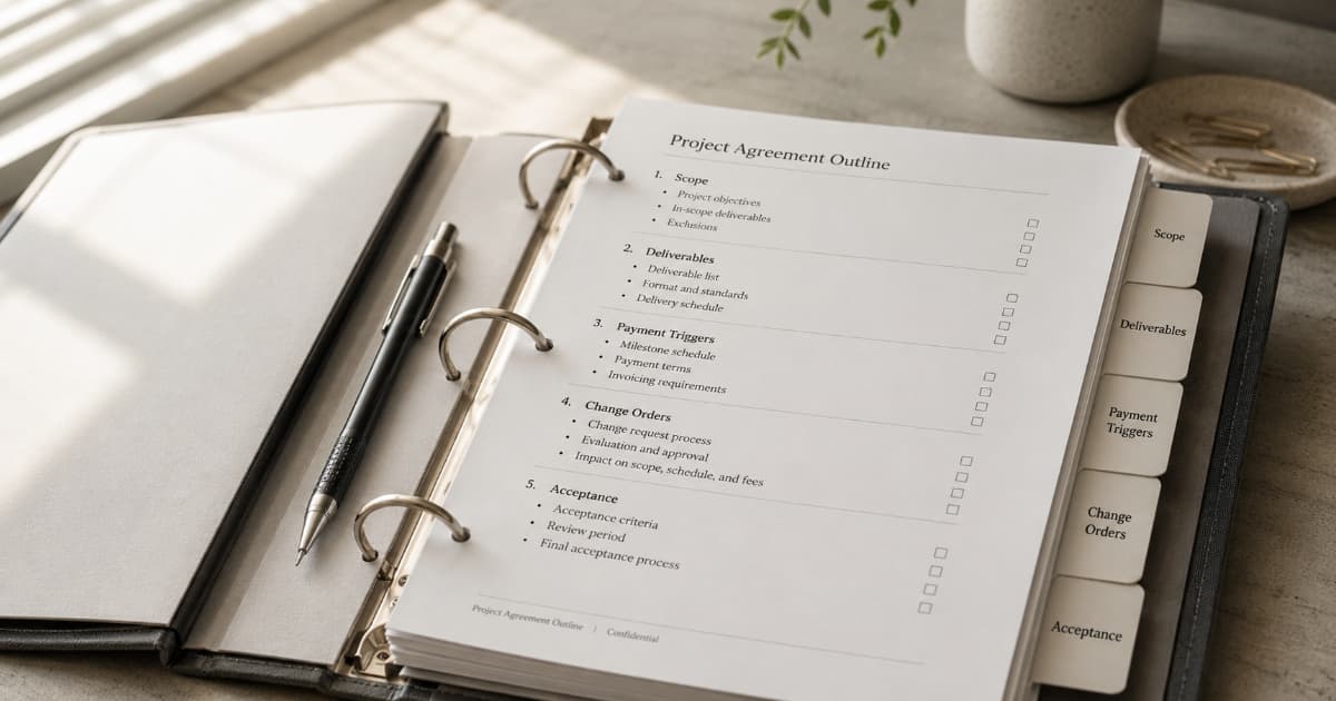 Open project binder with tabbed Statement of Work sections for scope, deliverables, and payment triggers