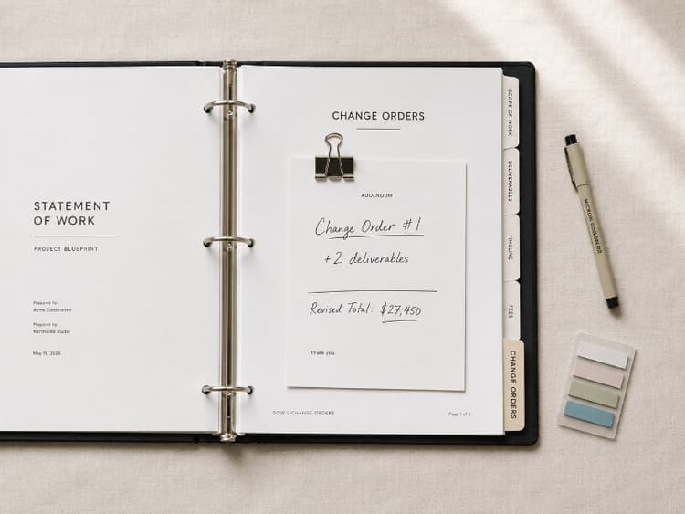 Change order addendum clipped to a Statement of Work binder tab for revised deliverables