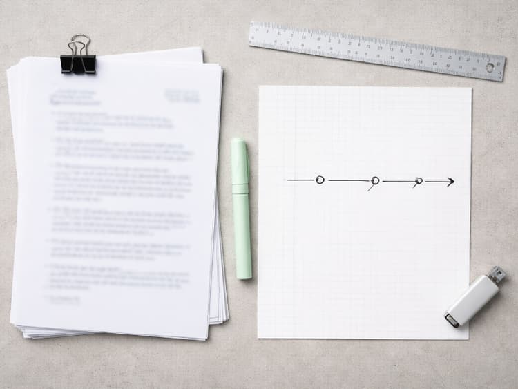 Overhead view of clipped printouts, a timeline sketch on graph paper, and office tools arranged for organizing payment dispute evidence