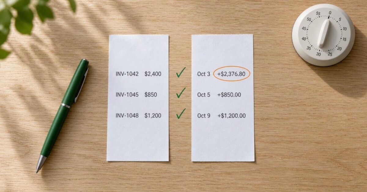 Overhead view of printed paid-invoice and bank-deposit lists side by side with checkmarks linking matched amounts during a freelancer reconciliation review