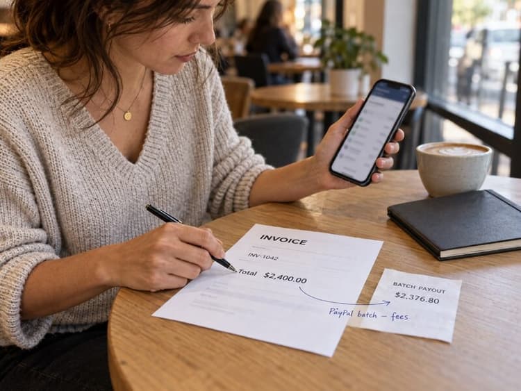 Freelancer at a café table matching a printed invoice to a batched bank deposit on a phone and paper, noting payment-processor fees