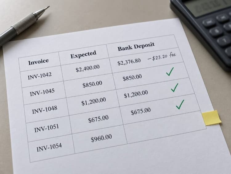 Three-column freelancer reconciliation worksheet comparing invoice amounts to bank deposits, with checkmarks, a fee adjustment note, and one flagged exception