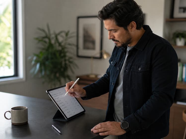 Freelancer writing invoice line items on a tablet at a standing desk