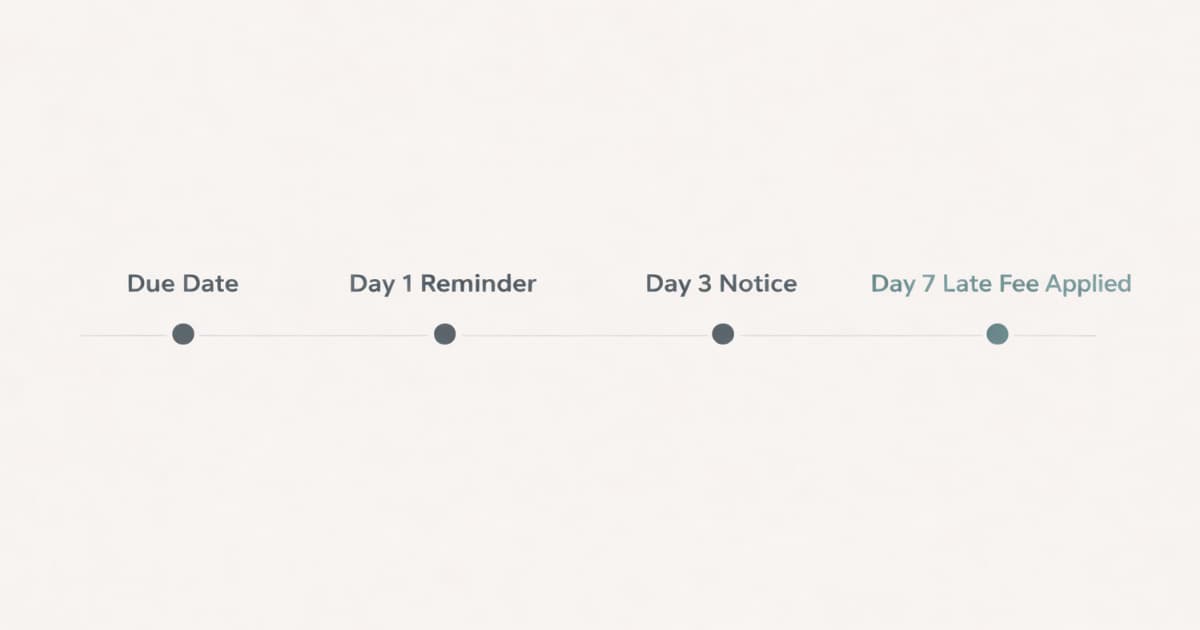 Timeline showing a 7-day grace period structure for charging late fees on overdue invoices