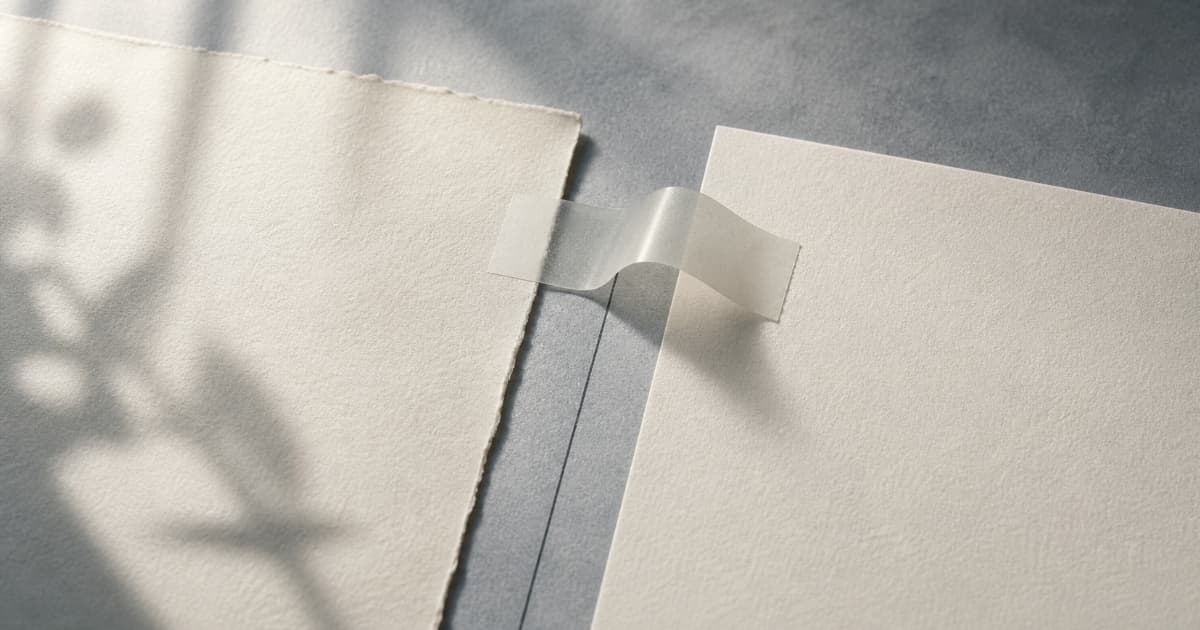 Two offset cream paper sheets bridged by a precise guideline and a peeling archival tab, suggesting a calm professional invoice correction