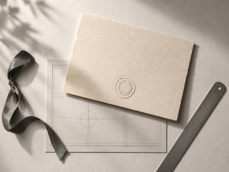 Overhead minimalist arrangement suggesting a formal paid-invoice adjustment: parchment card, subtle seal motif, and precise ruled alignment