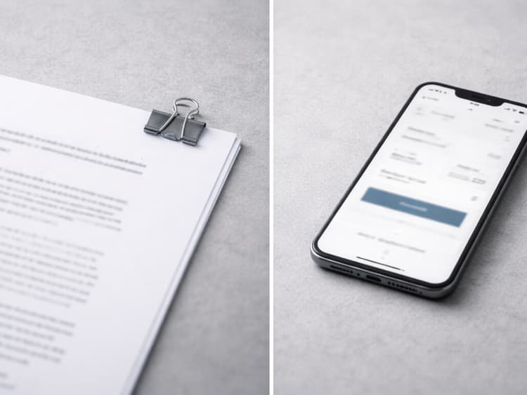 Printed invoice page beside a phone with a blurred screen, illustrating PDF attachment versus a payment link