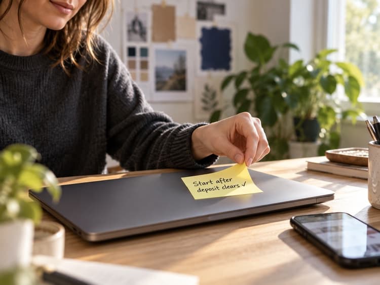 Designer peeling a "Start after deposit clears" sticky note off a closed laptop before beginning a project