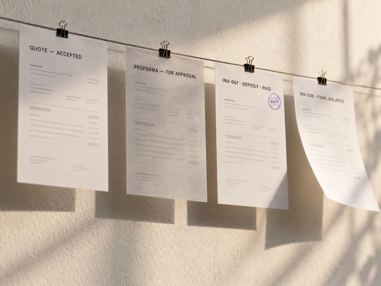 Quote, proforma, deposit invoice, and final balance invoice hanging in order from a wire, with the proforma on translucent paper