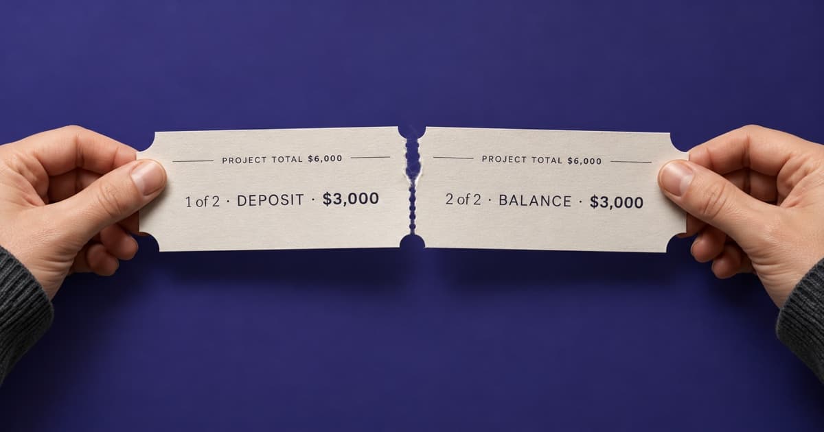 Hands tearing a perforated project ticket into a $3,000 deposit stub and a $3,000 final balance stub