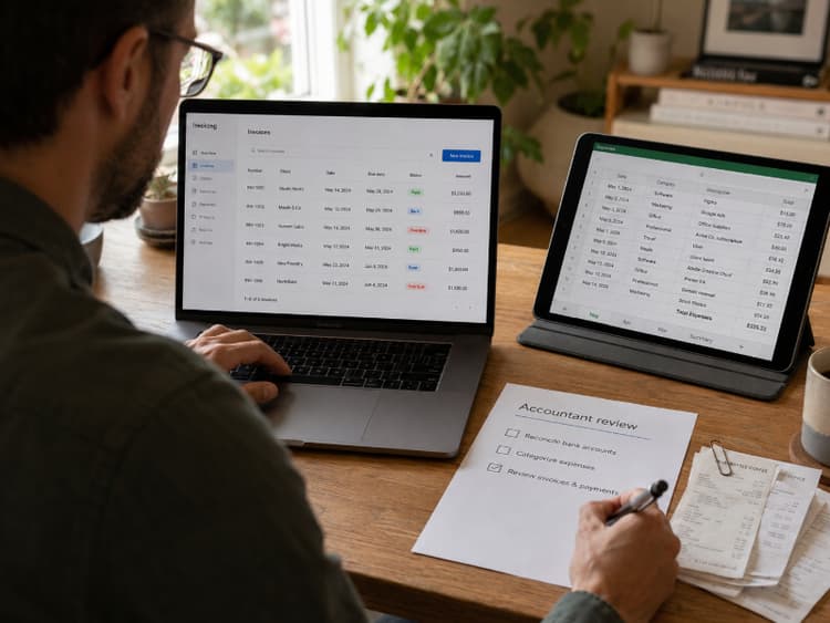 Freelancer using invoicing software on a laptop alongside a spreadsheet and an accountant review sheet, showing a common hybrid finance stack