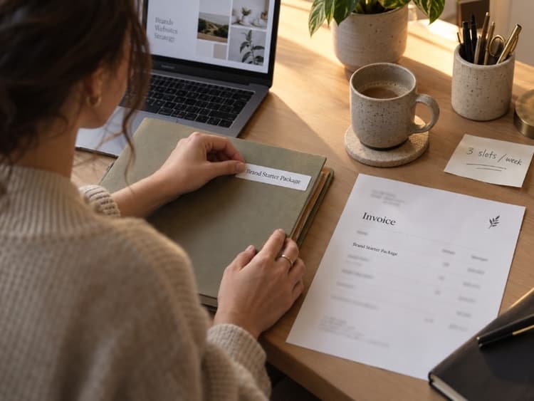 Freelancer labels a project folder with a package name beside an invoice whose line item matches that same productized service