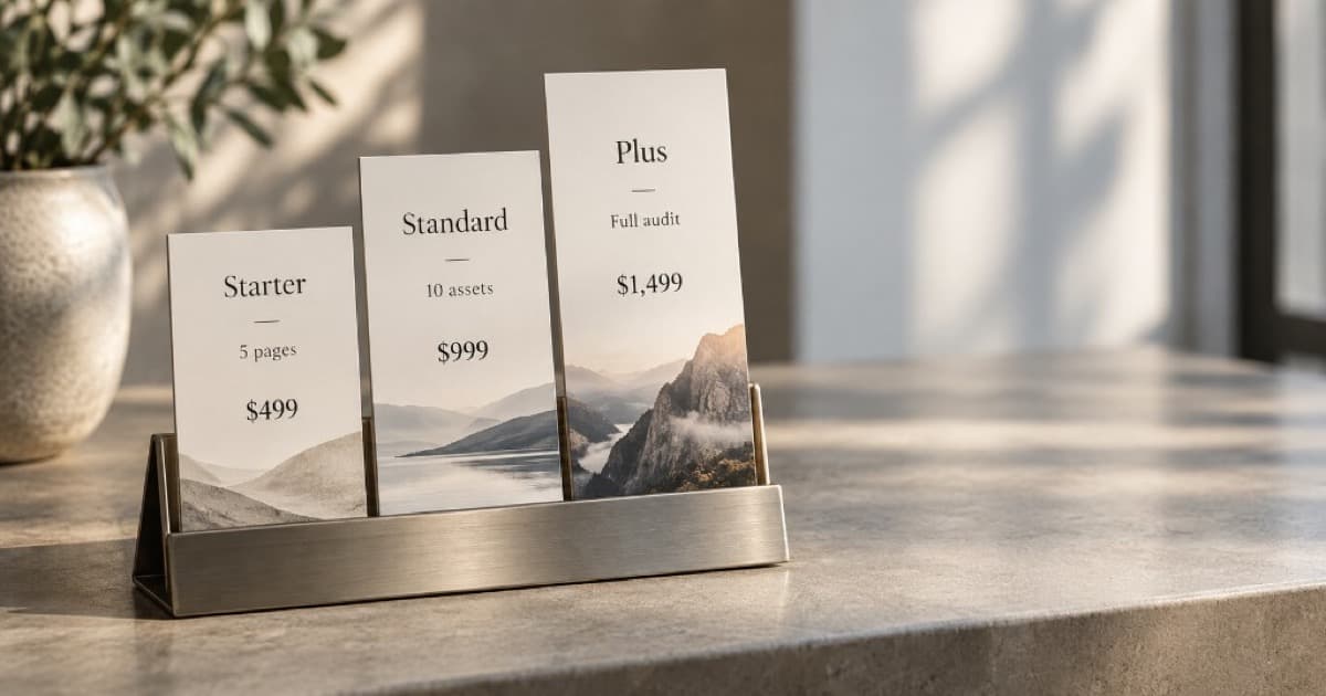 Three tiered service package cards in a metal menu stand, each showing a fixed scope label and price for productized freelance offers