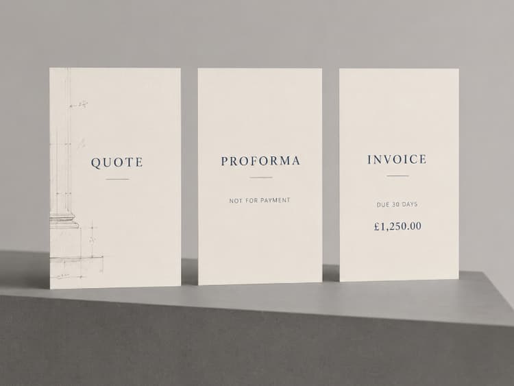 Three upright cards labeled Quote, Proforma, and Invoice on a plinth showing how each document type differs
