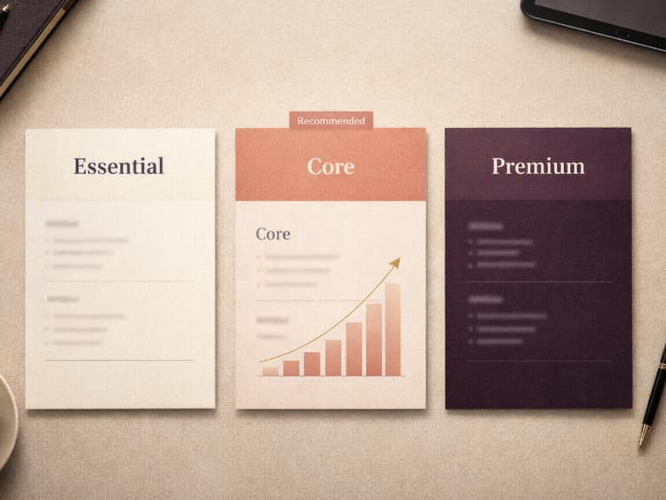Three-tier value-based pricing comparison for freelancers showing Essential, Core, and Premium service packages.