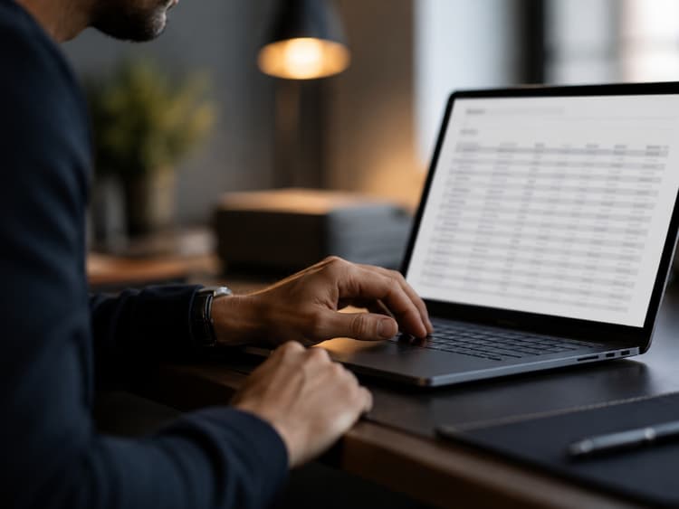 Close view of hands on a laptop trackpad with a softly blurred screen suggesting spreadsheet line items being edited
