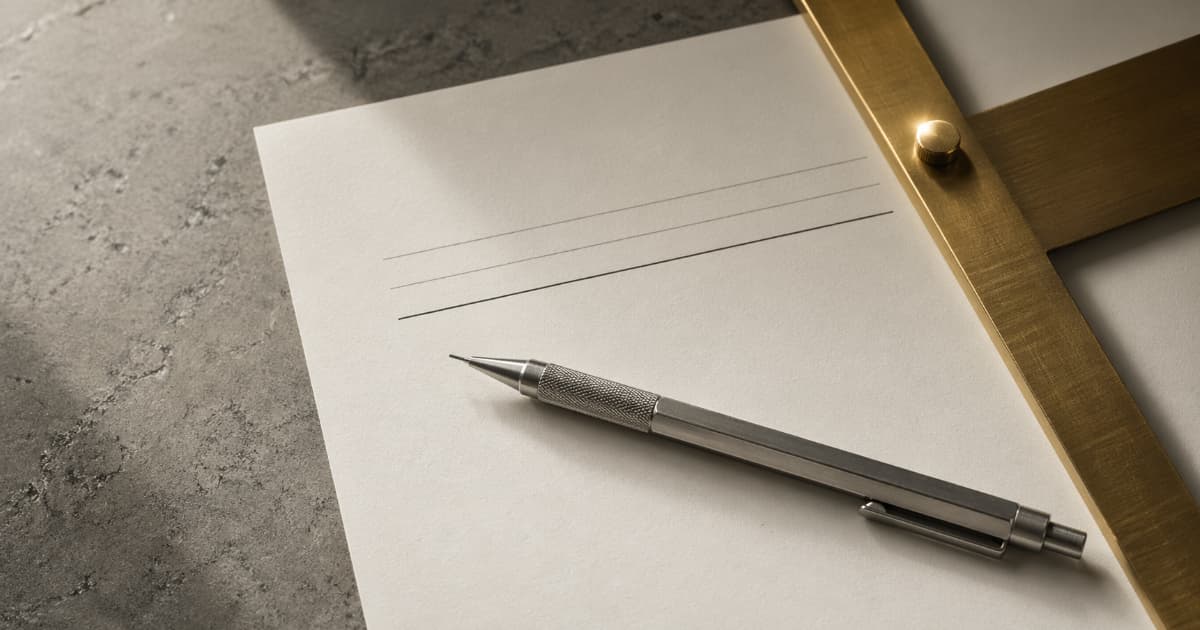 Tight still life of a contract paper with abstract ruled bands suggesting invoice totals, a precision pencil, and a brass drafting guide under soft side light