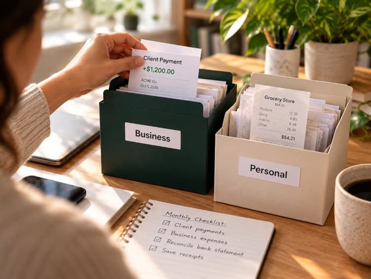 Freelancer sorting client payments and personal expenses into separate business and personal folders