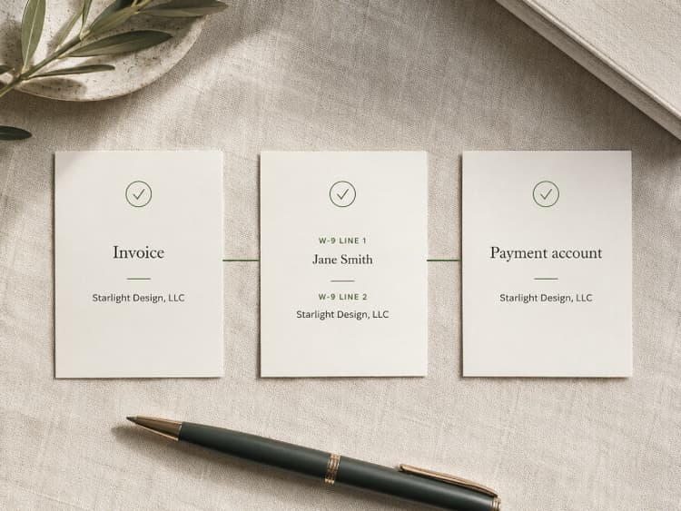 Invoice, W-9, and bank account cards showing connected legal and business names
