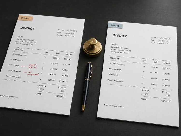 Original and revised invoice printouts side by side with red dispute marks on the original and clean adjustments on the revised copy