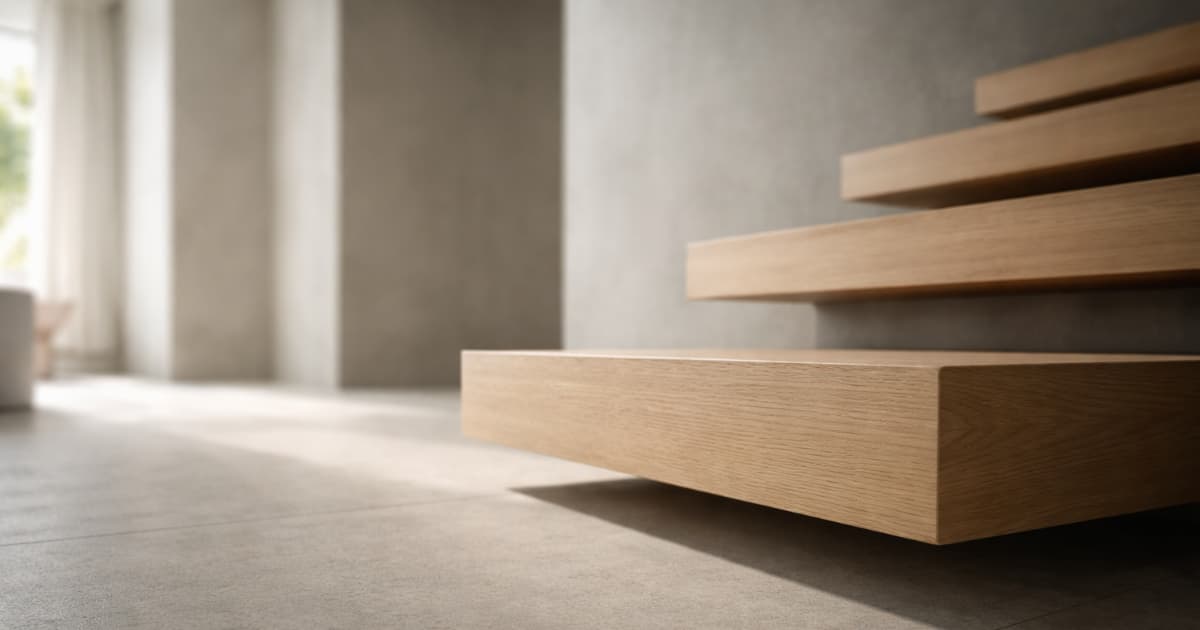 Low-angle editorial photo of the first step of a modern floating staircase in a quiet interior, suggesting the start of establishing a pricing baseline