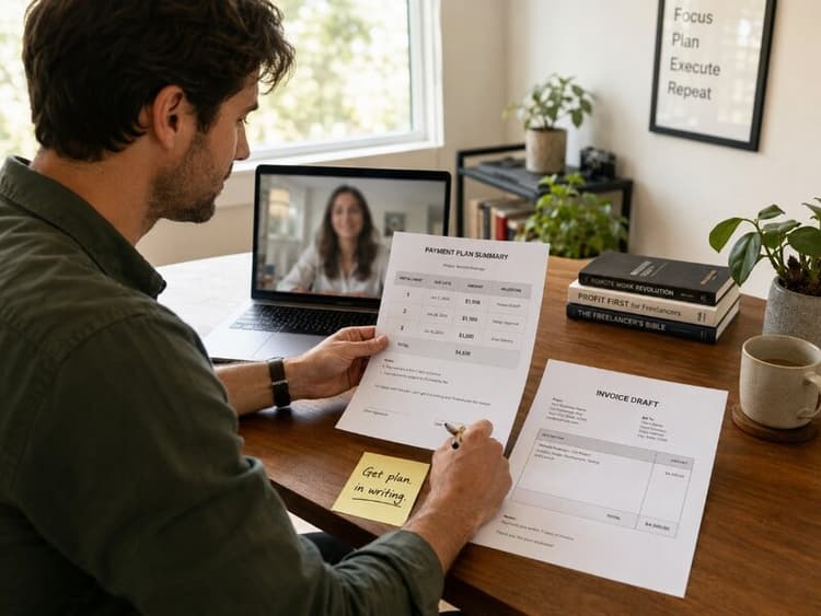 Freelancer documenting an invoice payment plan on paper while confirming installment dates with a client on a video call