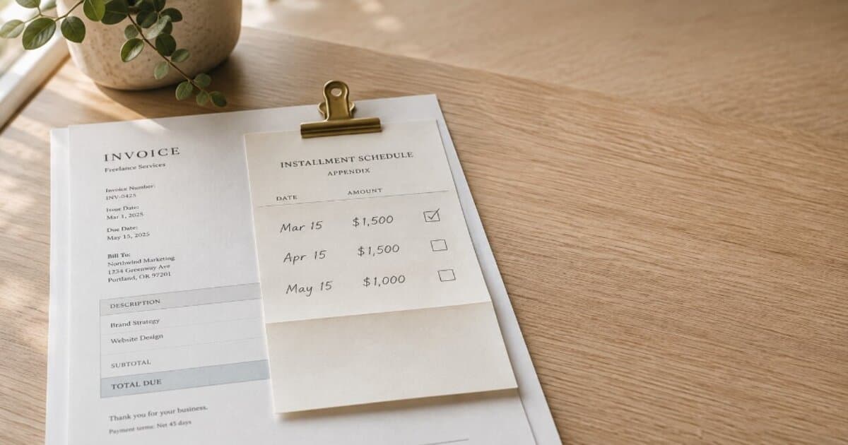 Printed invoice with a clipped installment schedule appendix showing three dated payment amounts and the first installment marked paid