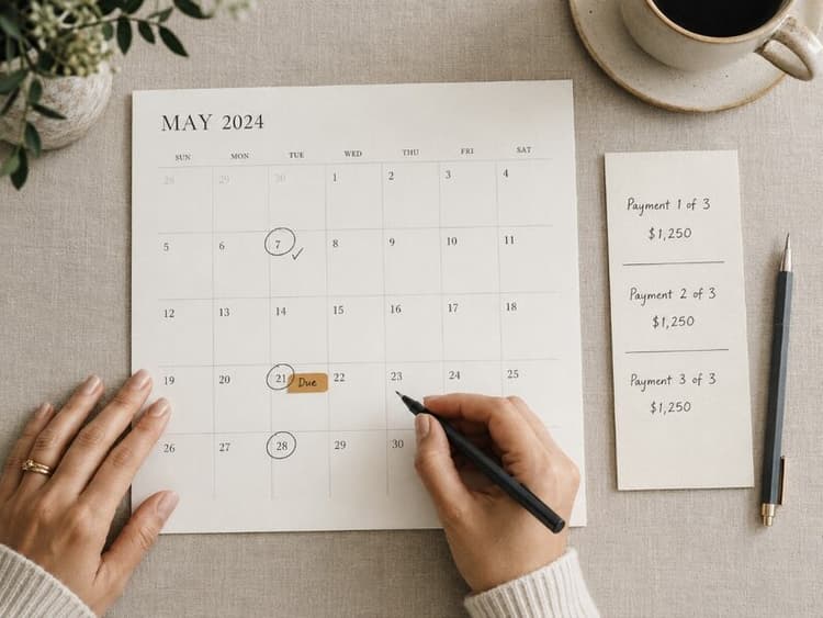 Overhead view of hands marking installment due dates on a calendar beside a three-payment schedule strip, with one payment checked and the next flagged due