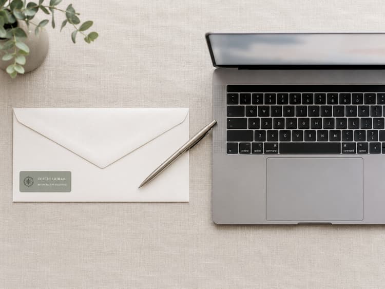 Overhead view comparing certified-mail envelope and laptop as two ways to send a demand letter