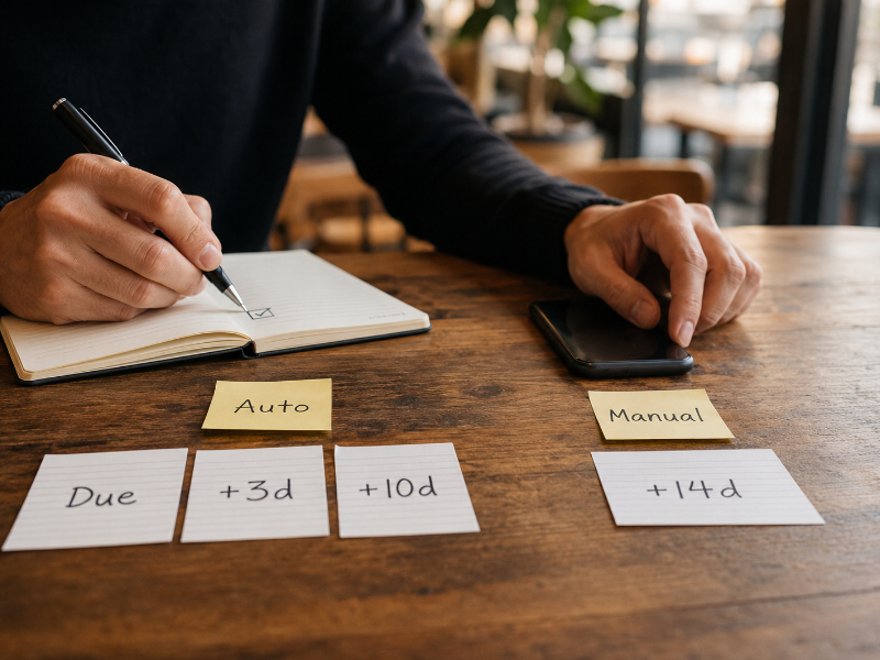 Freelancer at a café table with two groups of cards labeled Auto and Manual, deciding which reminder touchpoints to automate