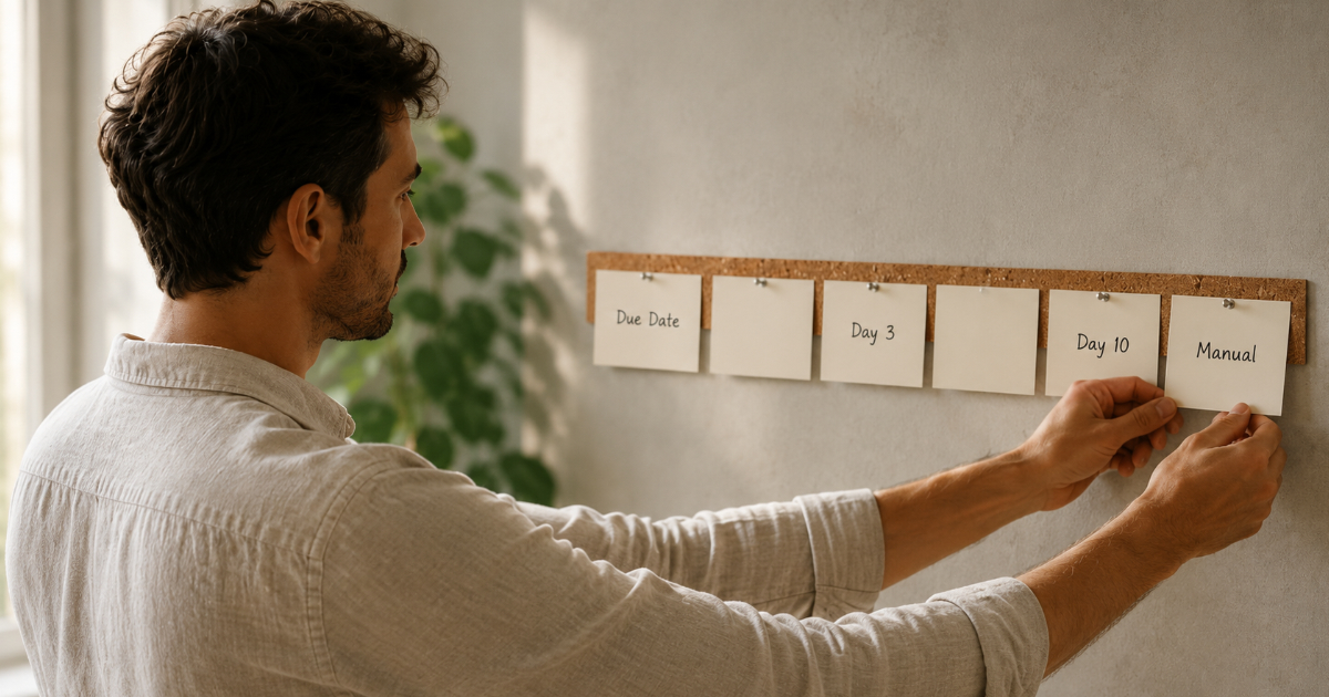 Freelancer arranging labeled index cards reading Due Date, Day 3, and Day 10 in sequence on a wall-mounted cork strip