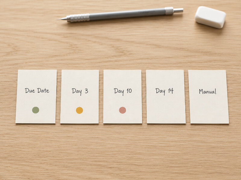 Overhead flat-lay of five index cards labeled Due Date, Day 3, Day 10, Day 14, and Manual with colored dots marking each stage