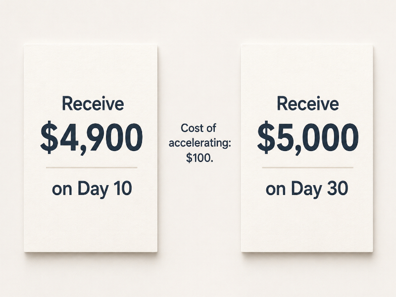 Simple comparison showing Receive $4,900 on Day 10 versus Receive $5,000 on Day 30, with cost of accelerating payment at $100