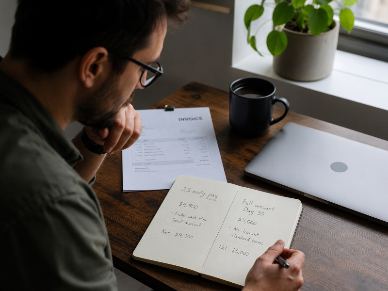 Freelancer at a home desk comparing early payment discount savings against waiting for full payment on Day 30