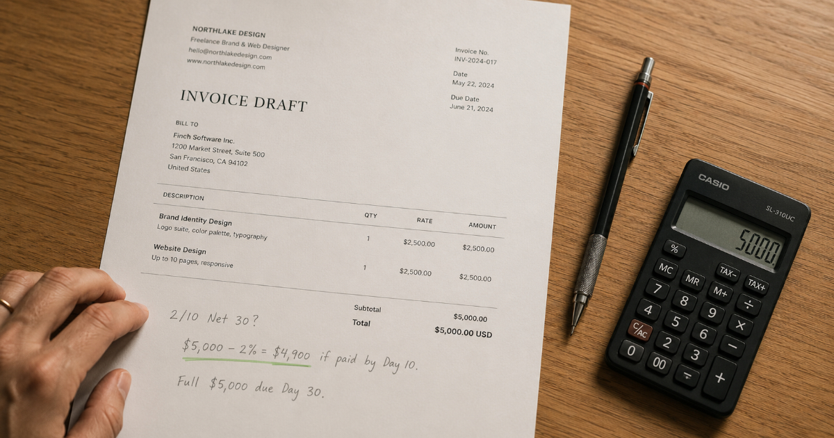 Overhead view of a freelance invoice draft with handwritten 2/10 Net 30 discount math beside a pocket calculator
